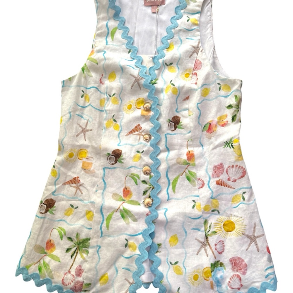 Show Me Your MuMu White Tropical Print Sleeveless Tunic with Blue Trim